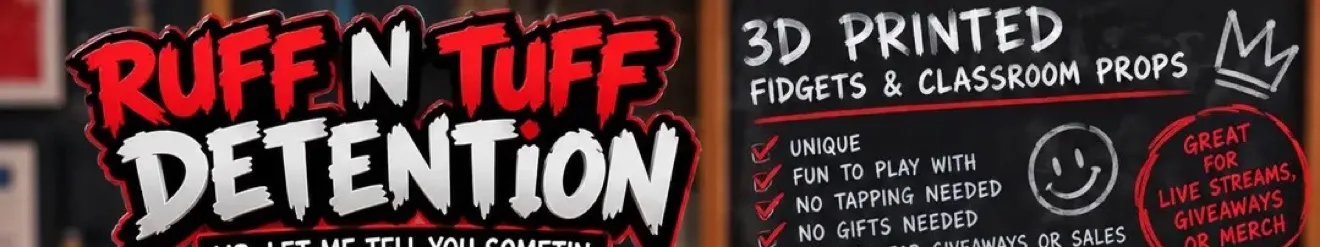 Ruff N Tuff Detention 3D printed fidgets and classroom props catalog — Detention Dude, Detention Fidget Cube, Mini Detention Desk, Detention Bell, Pencil Holder, Detention Slip Holder, Class Status Sign, Behavior Timer, Detention Coins, Mini Locker, Teacher Nameplate, Hall Pass Keychain, Mini Megaphone, Rules Chalkboard, Teacher Apple, Paper Airplane Fidget